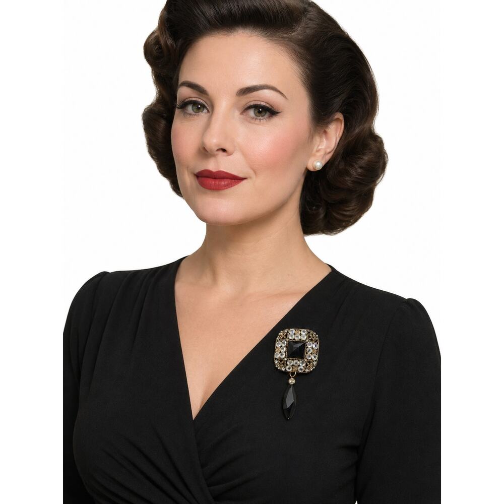 Vintage 1950s Brooch Black Glass Rhinestone Dangle Brass Tone Statement
